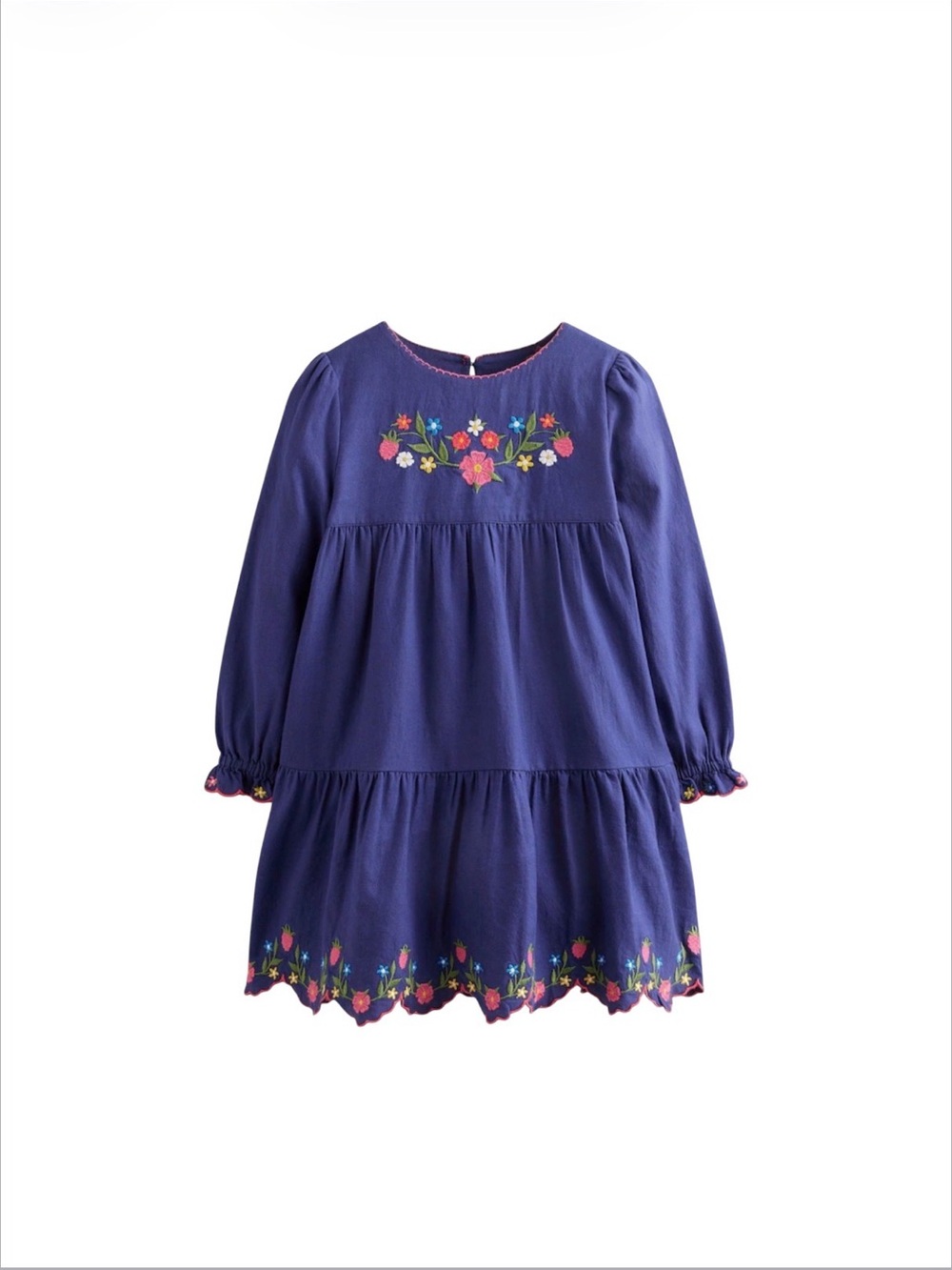 Mini Boden Girls 6-7Y Blue Tiered Embroidered Floral Long Sleeve Dress